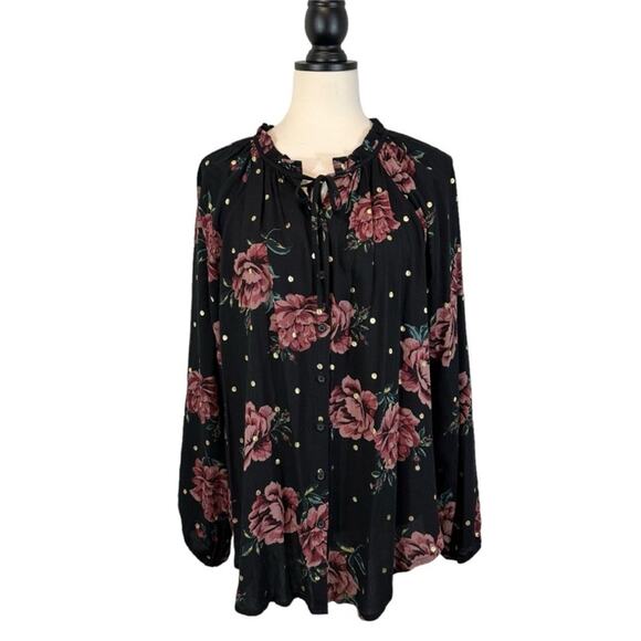 Torrid Gauzy Top Black Floral Metallic Gold Polka Dot Print Size OX Whimsigoth - Picture 1 of 9